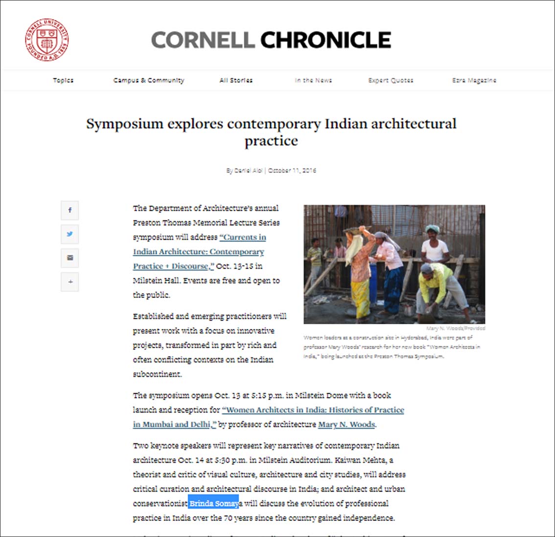 Symposium explores contemporary Indian Architectural practice, Cornell chronicle -October 2016